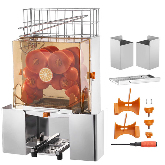Commercial Orange Juicer Machine, 120W Automatic Juice Extractor, Stainless Steel Orange Squeezer for 20 Oranges Per Minute, with Pull-Out Filter Box, PC Cover, 2 Peel Collecting Buckets