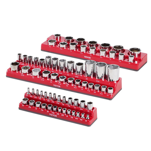Magnetic Socket Organizer Set, 3PCS Magnetic Socket Holder, 1/4'', 3/8'' & 1/2'' SAE Socket Trays with Clear Labels, Hold up to 68PCS Standard & Deep Sockets, Red (Sockets Not Included)