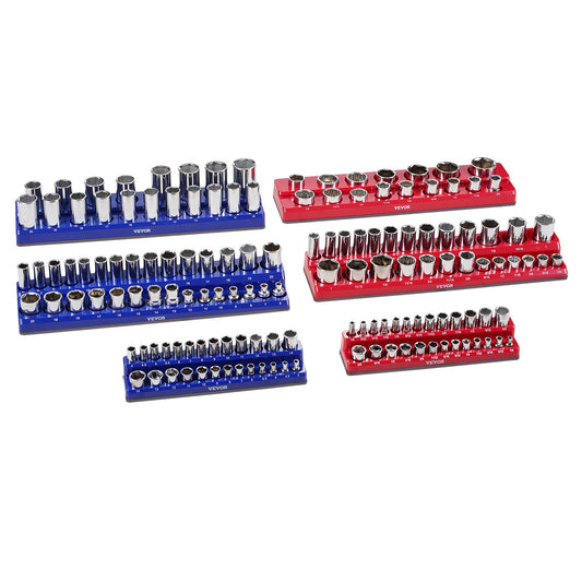 Magnetic Socket Organizer Set, 6PCS Socket Holder, 1/4'', 3/8'' & 1/2'' Metric SAE Socket Trays with Clear Labels, Hold up to 143PCS Standard & Deep Sockets, Blue & Red (Sockets Not Included)