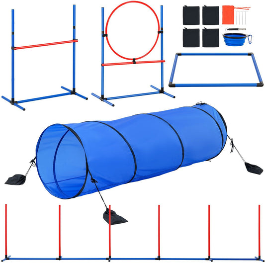 Dog Agility Training Equipment, 5 PCS Set with Adjustable High Hurdles,6 Weave Poles, Tunnel, Jump Ring, Pause Box, Whistle, Foldable Bowl, Puppy Obstacle Course Kit with Storage Bags