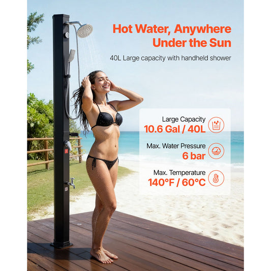 40L Solar Heated Shower, 205cm Showerhead Height Outdoor Shower, with Handheld & Foot Faucet, Hot & Cold Water Adjustment, Freestanding for Backyard Poolside Beach Pool, Black