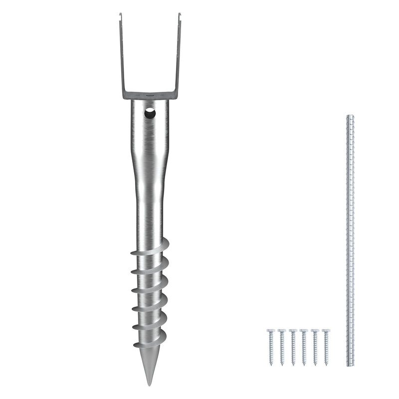 No Dig Ground Anchor, 1 Pack 10 x 7 x 70 cm DIY Screw in Post Stake, Includes 6 Lag Bolts & a Rebar, U-Shape Heavy Duty Steel Post Holder, Great for Mailbox Posts and Fence Posts
