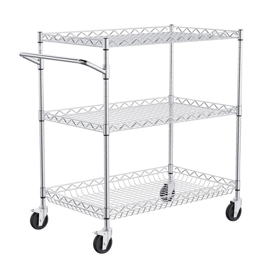 3 Tier Steel Rolling Cart 300kg Capacity Wire Storage Trolley Kitchen