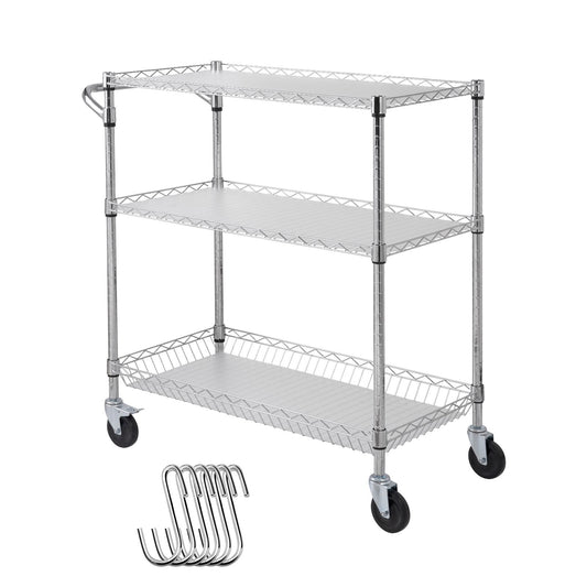 Kitchen Utility Cart, 3 Tiers, Wire Rolling Cart, Steel Service Cart on Wheels, Metal Storage Trolley with 80mm Basket Curved Handle PP Liner 6 Hooks, for Indoor and Outdoor