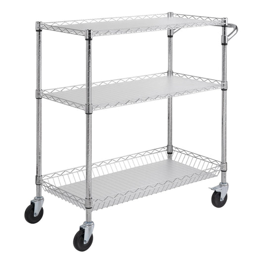 3 Tier Wire Rolling Cart Steel Trolley 80mm Basket 6 Hooks