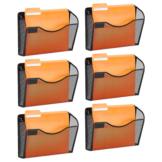 File Wall Rack, Six-Piece 1 Pocket Mesh Wall File Holder, Wall Mounted Magazine Mail Paper & Document Storage Folder, Metal Wall File Organizer with Nametag Label, for Office Home & School