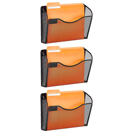 File Wall Rack, Three-Piece 1 Pocket Mesh Wall File Holder, Wall Mounted Magazine Mail Paper & Document Storage Folder, Metal Wall File Organizer with Nametag Label, for Office Home & School