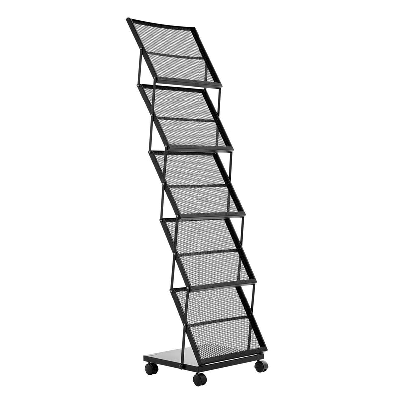 Foldable 5 Pocket Magazine Rack w/ Wheels Metal Floor Stand