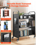 Library Book Cart 150kg Capacity Double Sided W-Shelves Black