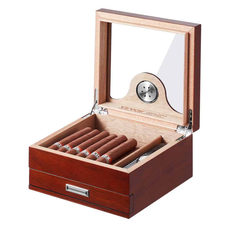 Cigar Humidor Box Spanish Cedar 20-35 Cigars Glass Top Hygrometer