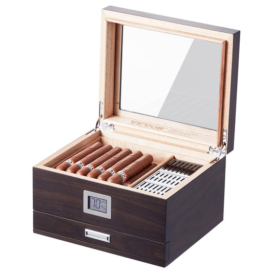 50 Cigar Humidor Cedar Glasstop Box Humidifier Hygrometer Drawer