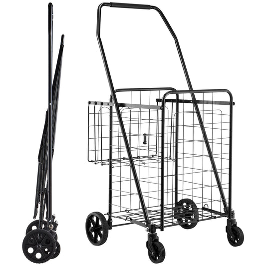 Shopping Cart, Folding Grocery Utility Cart with Dual Baskets, Waterproof Liner & Wheels, 45 KG Large Load Capacity, Heavy Duty Laundry Basket for Laundry, Shopping, Camping, Grocery, Luggage