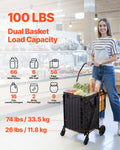 Folding Grocery Cart Dual Basket Waterproof 45KG Laundry Shopping