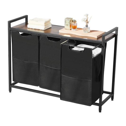 3 Section Laundry Sorter with Metal Frame Wooden Tabletop 600D