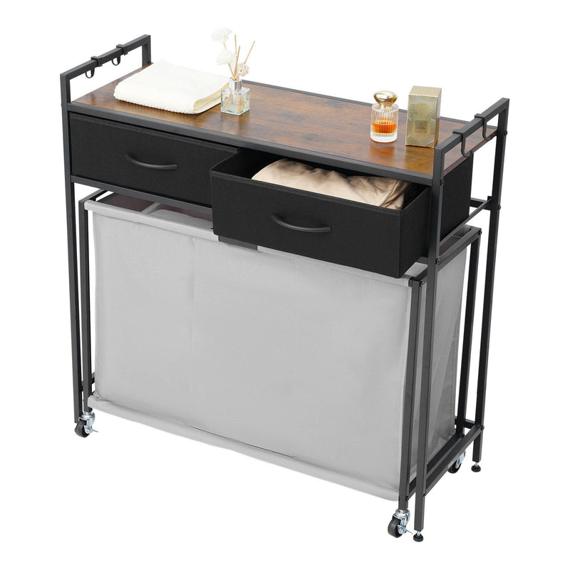 3 Section Rolling Laundry Sorter Hamper with Drawers & Wheels