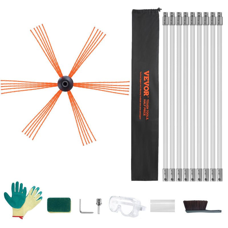 Chimney Sweep Kit 9m with 9 Flexible Rods & Brush Cleaner