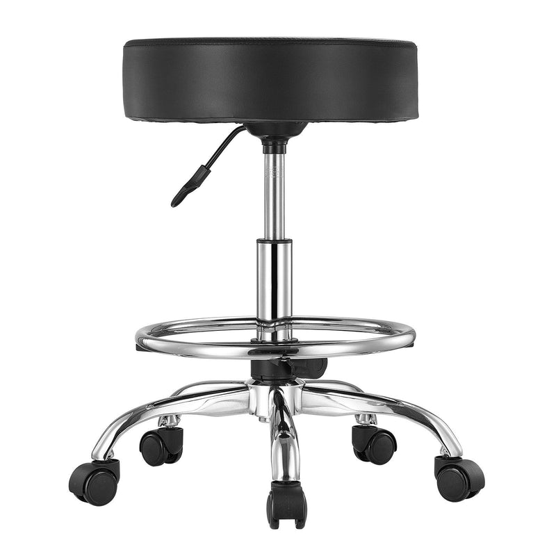 Rolling Stool Leather Footrest 360 Swivel Height Adjustable Black