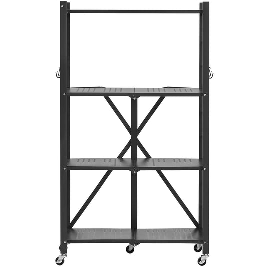 4-Tier Foldable Storage Shelf with Wheels, 66 cm W x 33 cm D x 117 cm H Folding Metal Rack Shelving Unit, No Assembly Organizer Shelf for Garage, Kitchen, Basement, Black