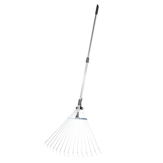 Leaf Rake, 15 Metal Tines, Adjustable Garden Rake for Lawns with 19-57 cm Wide Head and 81.3-160 cm Long Handle, Heavy Duty Stainless Steel Small Leaves Tool for Gardening Camping Yard Grass