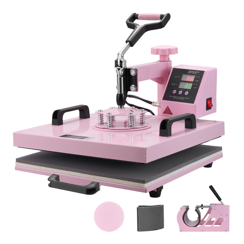 Heat Press Machine, 15 x 15 inch, 5 in 1 Heat Transfer Machine with 30 oz Tumbler Press, 360° Swing Away T-Shirt Pressing, Digital Precise Control, for T-Shirts/Mugs/Hats/Plates, Pink