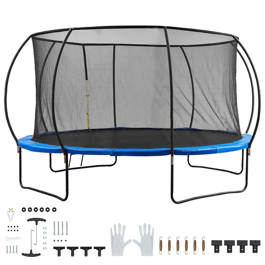 14FT Trampoline, 450 lbs Trampoline with Enclosure Net, Ladder, and Curved Pole, Heavy Duty Trampoline with Jumping Mat and Spring Cover Padding, Outdoor Recreational Trampolines for Kids Adults