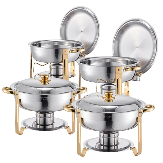 Chafing Dish Buffet Set, 5 Qt 4 Pack, Stainless Steel Chafer with 4 Full Size Pans, Round Catering Warmer Server with Lid Water Pan Folding Stand Clip, for Weddings Parties Banquets, Gold