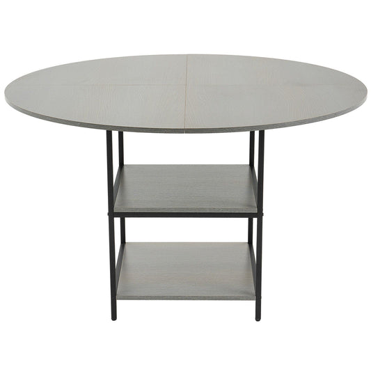 Round Dining Table 47in Wood Grey 4-6 Seat Metal Legs Storage Shelf