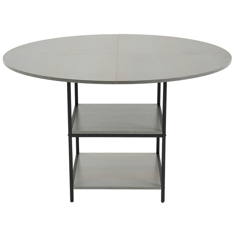 Round Dining Table 47in Wood Grey 4-6 Seat Metal Legs Storage Shelf