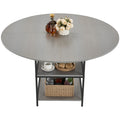 Round Dining Table 47in Wood Grey 4-6 Seat Metal Legs Storage Shelf