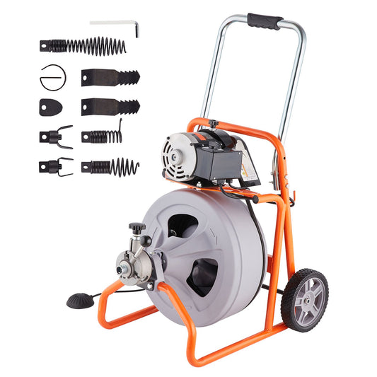 Drain Cleaner Machine 75FT x 1/2 Inch Auto Feed with Wheels & 8 Cutters