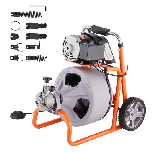 Drain Cleaner Machine 100FT x 3/8 Inch, Auto Feed Sewer Snake Drain Auger on Wheels, Portable Drain Cleaning Machine with 8 Cutters & Air-activated Foot Switch for 2" to 4" Pipes