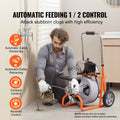 Drain Cleaner Machine 100FT x 3/8 Inch, Auto Feed Sewer Snake Drain Auger on Wheels, Portable Drain Cleaning Machine with 8 Cutters & Air-activated Foot Switch for 2