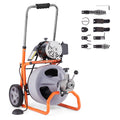 Drain Cleaner Machine 100FT x 3/8 Inch, Auto Feed Sewer Snake Drain Auger on Wheels, Portable Drain Cleaning Machine with 8 Cutters & Air-activated Foot Switch for 2