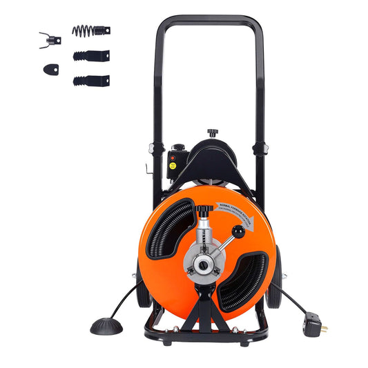 Drain Cleaning Machine 50 FT x 1/2 Inch, Sewer Snake Machine Auto Feed, Drain Auger Cleaner with 4 Cutter & Air-Activated Foot Switch for 1" to 4" Pipes