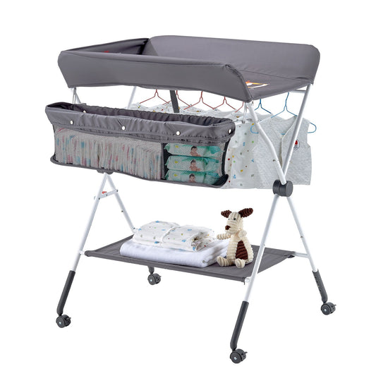 Baby Changing Table, Foldable Diaper Change Station with Side Basket, Adjustable Height Portable Changing Table with Lockable Wheels, Multi-Functional Storage Organizer Nursery, Dark Gray