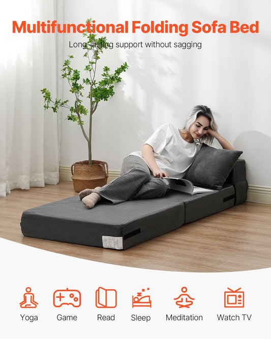 Folding Sofa Bed, 3-in-1 Foldable Couch Bed with 2 Pillows and Washable Cover, 25D High Density Memory Foam Convertible Sleeper Chair Bed, Futon Couch for Living Room, Bedroom, Dark Grey(Single)