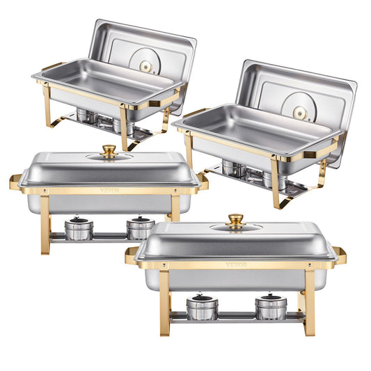 Chafing Dish Buffet Set, 8 Qt 4 Pack, Stainless Steel Chafer with 4 Full Size Pans, Rectangle Catering Warmer Server with Glass Lid Water Pan Folding Stand Fuel Holder, for Wedding Party Banquet