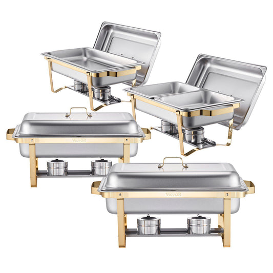 Chafing Dish Buffet Set, 8 Qt 4 Pack, Stainless Steel Chafer with 2 Full Size and 4 Half Size Pans, Rectangle Catering Warmer Server with Lid Water Pan Stand, for Weddings Parties Banquets, Gold
