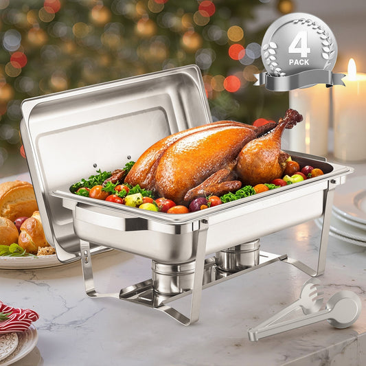8 Qt 4 Pack Rectangle Chafing Dish Buffet Set Fullsize Pan Stainless Steel