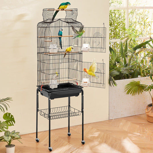 Large Bird Cage 62in Open Top Steel Parakeet Budgie Parrot with Stand