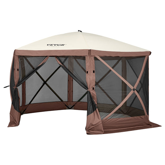 Pop Up Gazebo 11.5x11.5FT 6 Sided Screen Tent Mosquito Netting Brown