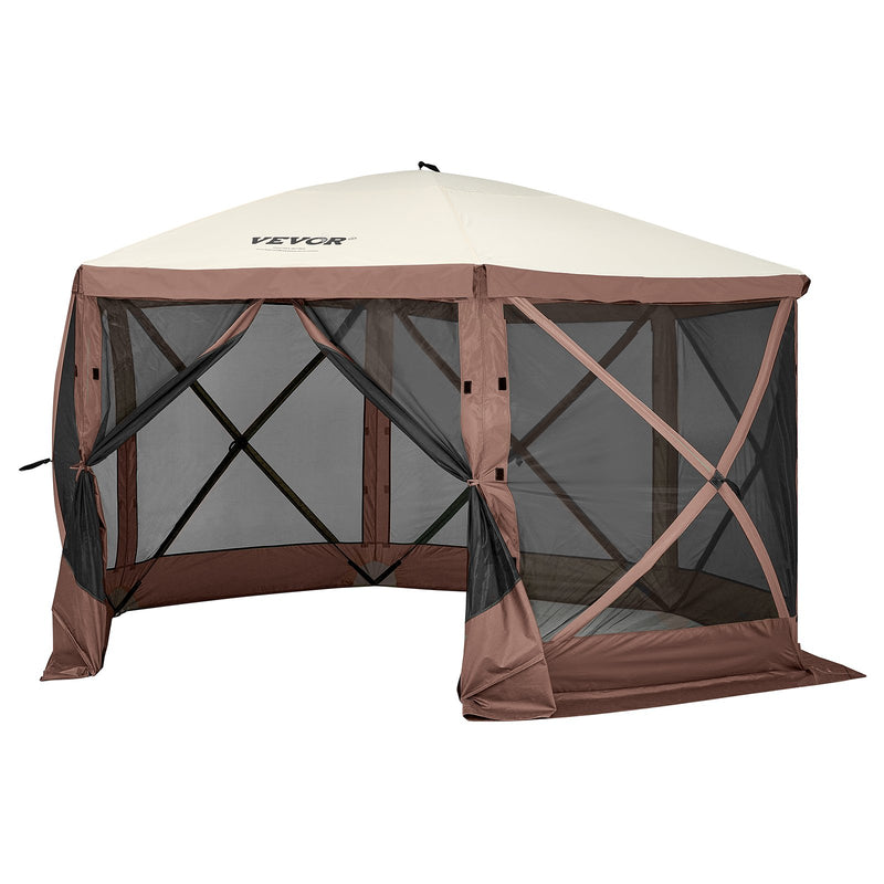 Pop Up Gazebo 12.5x12.5FT 6 Sided Screen Tent Mesh Windows Brown