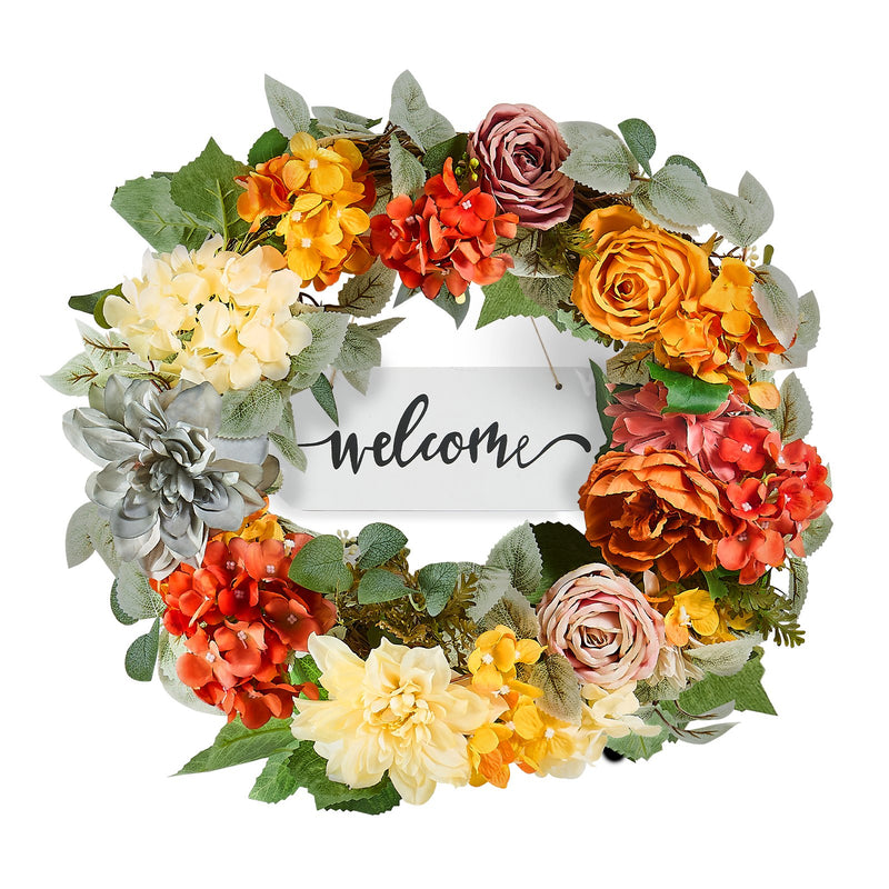Artificial Wreath 60cm Red Orange Yellow Hydrangeas Roses