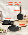 Cast Iron Skillet 3-Piece Set 205/265/310mm Nonstick Wood Handle