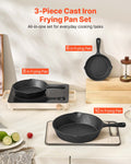 Cast Iron Skillet 3 Pcs Set 160/220/265mm Pre-Seasoned Induction