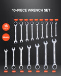 16 Piece Ratcheting Wrench Set Metric 8-24mm Cr-V Steel