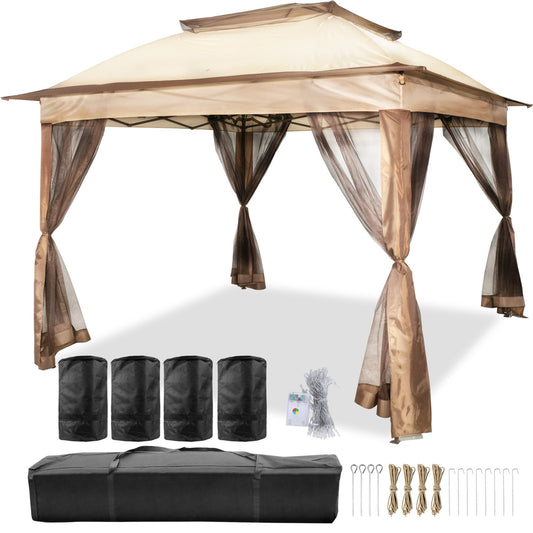Outdoor Canopy Gazebo 11x11ft Portable Tent Brown w/Sandbags