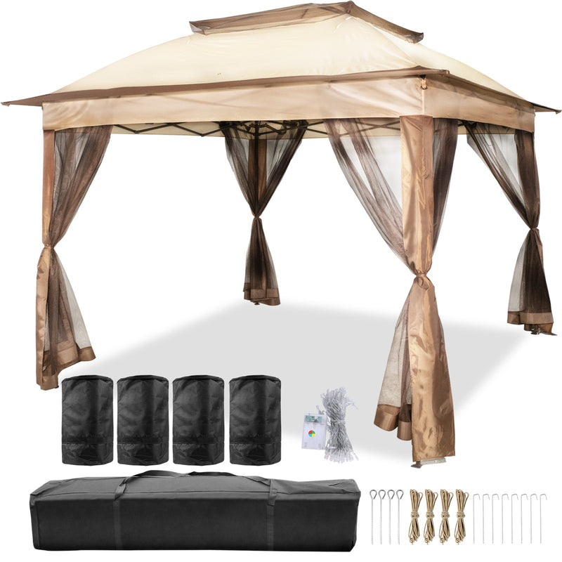 Outdoor Canopy Gazebo 11x11ft Portable Tent Brown w/Sandbags