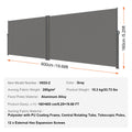 Retractable Side Awning 160x600cm Grey Polyester UV 30+ Patio