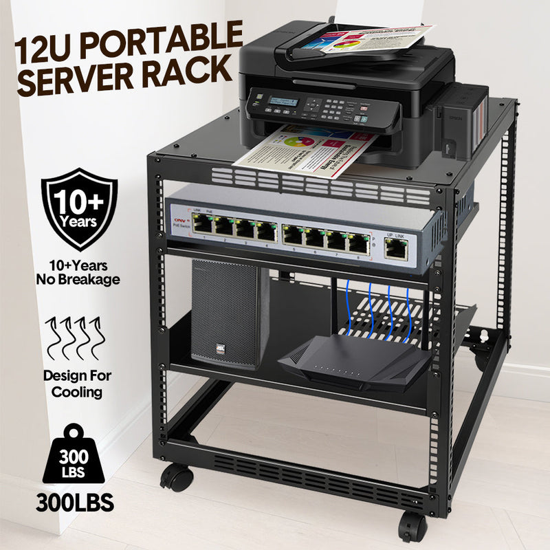 Alston 12U Open Frame Server Rack Hifi Device Rack with Vented Shelves Heavy Duty 4-Post AV/IT Network Rack Free Standing with Lockable Casters